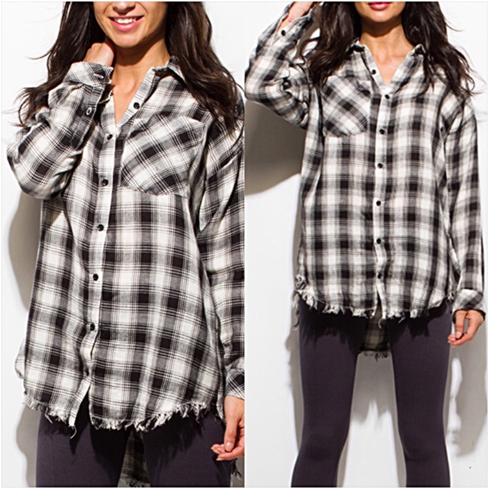 Frayed Hem Boho Plaid HiLow Tunic Shirt SML - Picture 5 of 8